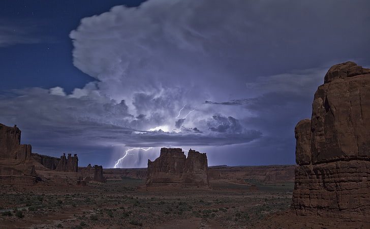 Lightning, gray clouds, United States, Utah, Night, Desert, Storm
