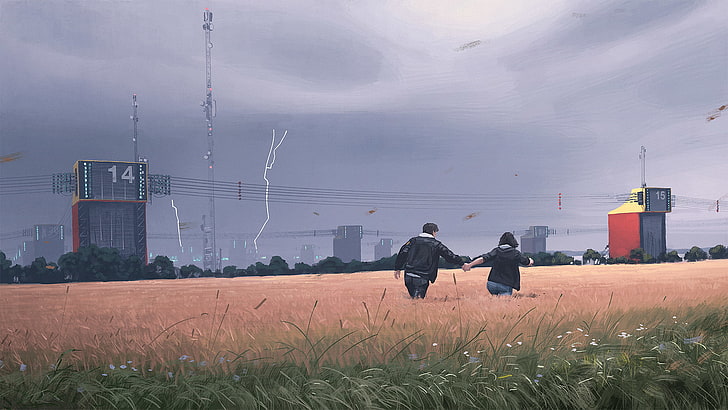 Simon Stålenhag, wheat, lightning, power lines, couple, city