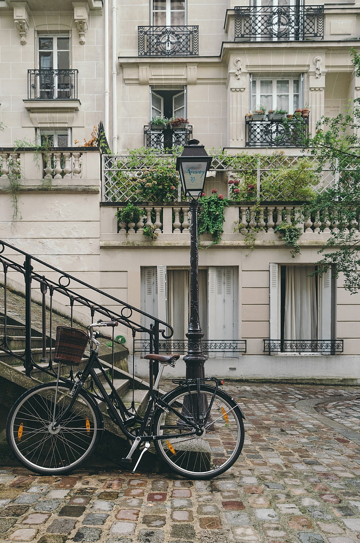 black step-through bike, bicycle, street, city, facade, urban Scene