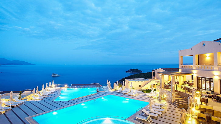 Man Made, Resort, Greece, Horizon, Ocean, Pool, Sea, water, HD wallpaper