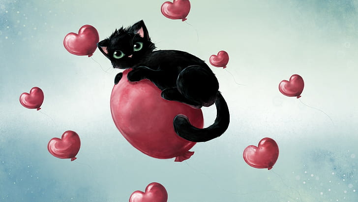 Cat Heart Balloon Drawing HD, love/hate, HD wallpaper