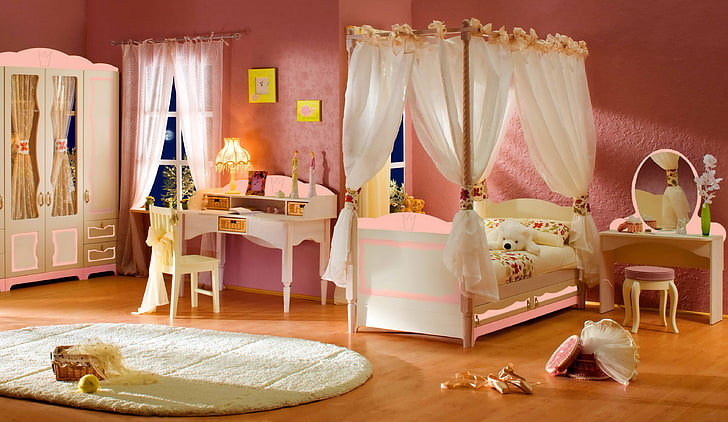white and pink wooden canopy bed, design, style, table, room