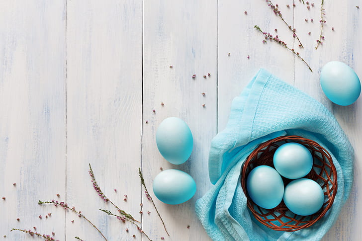 basket, eggs, blue, Easter, wood, spring, decoration, Happy, HD wallpaper