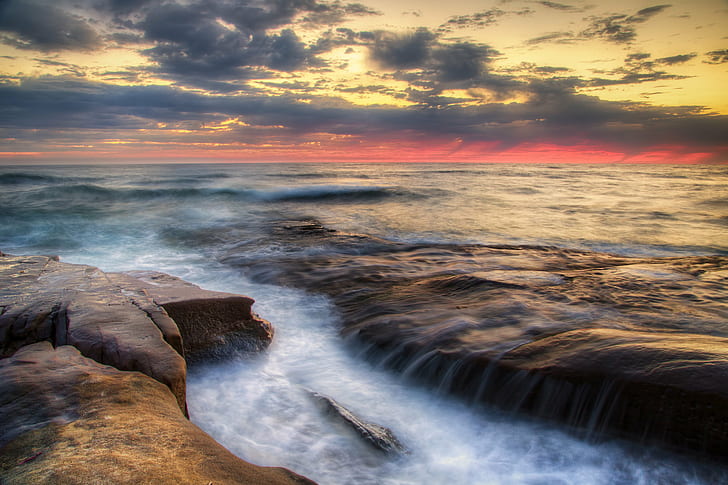 ocean waves timelapse photography, Sunsets, La Jolla, Color, Colorful, HD wallpaper