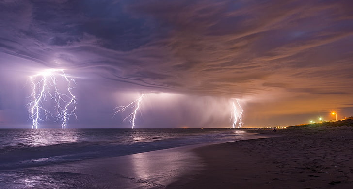 untitled, landscape, lightning, beach, water, cloud - sky, power in nature, HD wallpaper