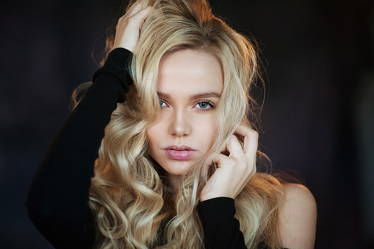Blonde, blue eyes, face, Hands In Hair, Maxim Maksimov, women