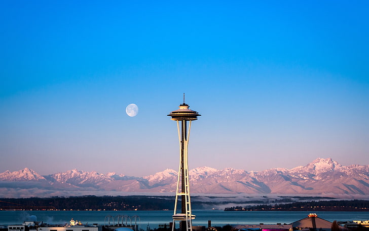 Space Needle, Seattle, tower, building, sky, high, mountain, lake, HD wallpaper