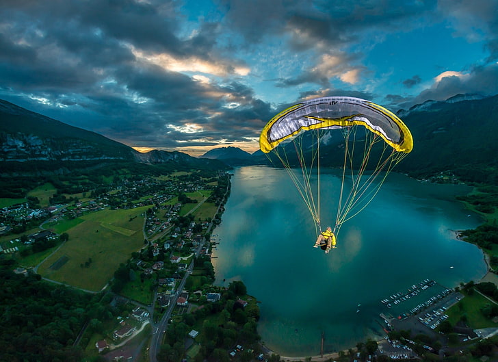 nature, landscape, flying, paragliding, lake, mountains, city, HD wallpaper
