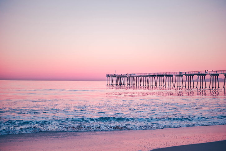 beach side poster, pier, sea, surf, pink, sunset, nature, coastline