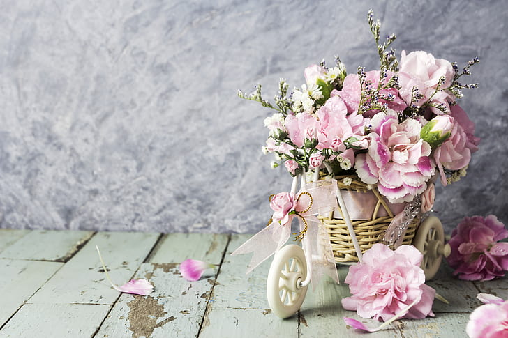 flowers, petals, bucket, pink, vintage, wood, beautiful, romantic, HD wallpaper