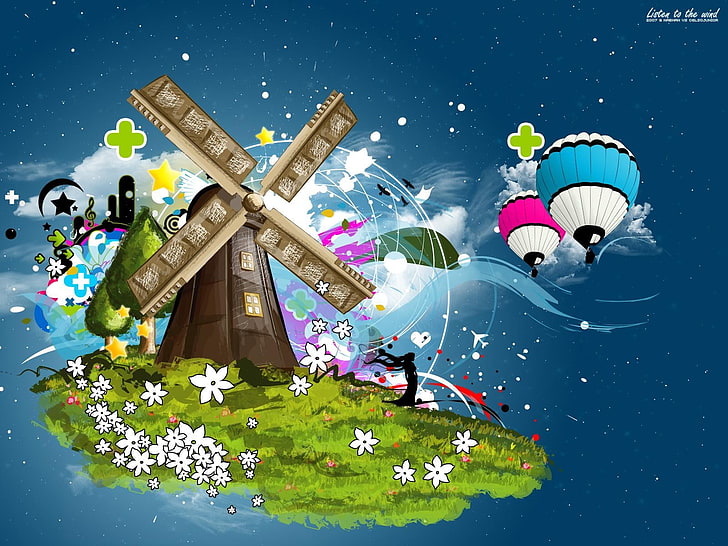 blue and green plastic toy, digital art, windmill, hot air balloons, HD wallpaper