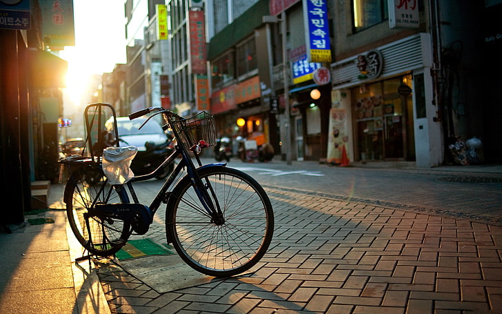 black cruiser bike, cityscape, bicycle, street, sunlight, vehicle