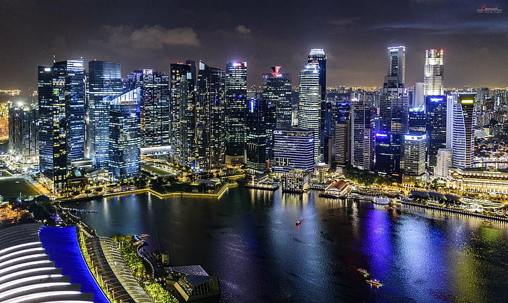 city during night near body of water, Singapore, Skyline, marina  bay  sands  hotel, HD wallpaper