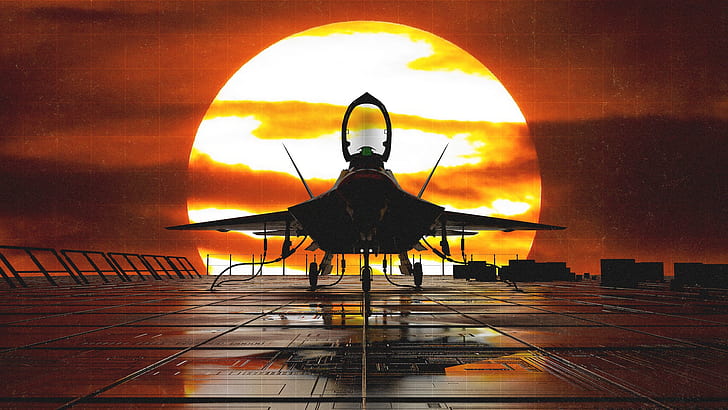 Sunset, The sun, The plane, Fighter, F-22, Raptor, Rendering, HD wallpaper