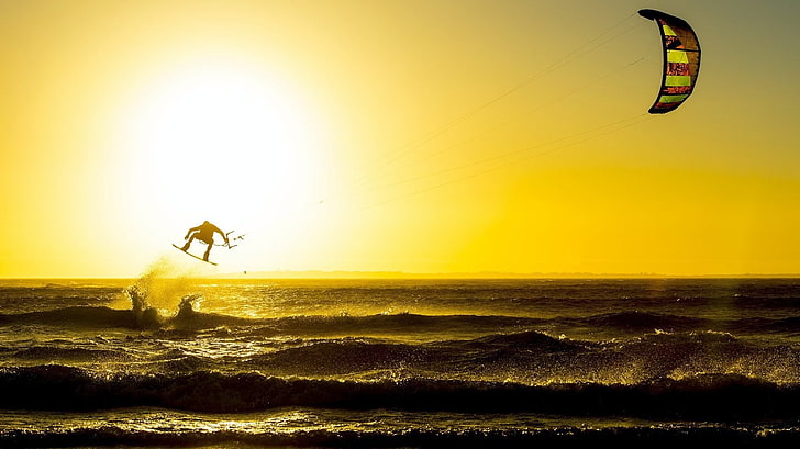 kitesurfing, sports, windy, waves, silhouette, water, sea, sky, HD wallpaper