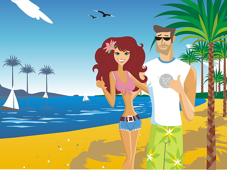 man and woman making ok sign illustration, summer, positive, vacation