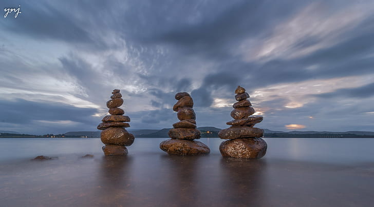 three piled stones, Zen, long-exposure, sky, water, river, clouds
