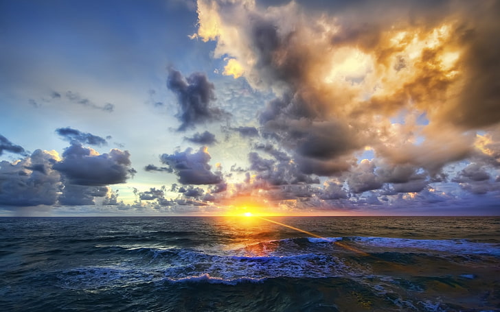 sea, clouds, nature, sunset, landscape, sky, horizon, sunlight, HD wallpaper