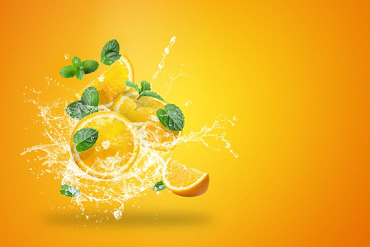 water, squirt, yellow, background, splash, oranges, citrus, HD wallpaper