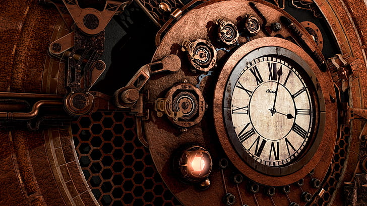 clock, mechanism, steampunk, time, arrows, dial