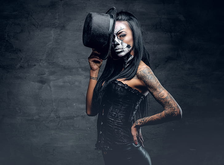 woman, tattoos, makeup, hatter, day of the dead, HD wallpaper