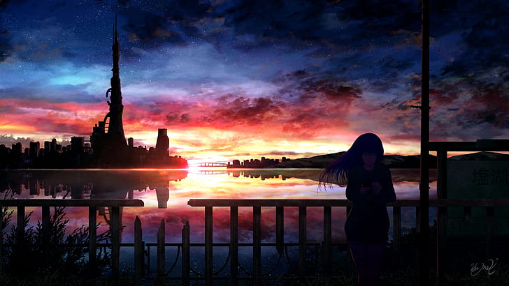 anime, anime girls, women, city, dark, dusk, silhouette, digital, HD wallpaper