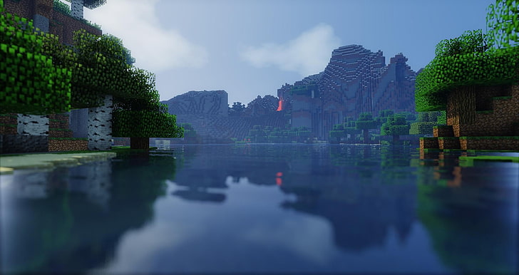 minecraft body of water, render, screen shot, lake, lava, reflection, HD wallpaper