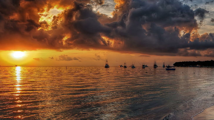 Puntacana In The Dominican Republic, beach, boats, sunset, clouds, HD wallpaper