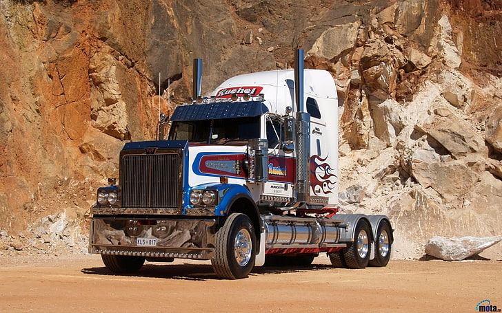 white and blue freight truck, trucks, rock, vehicle, mode of transportation, HD wallpaper