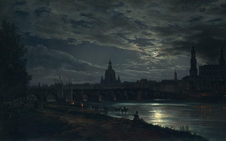 Moon, night, city, painting, View of Dresden by Moonlight, river