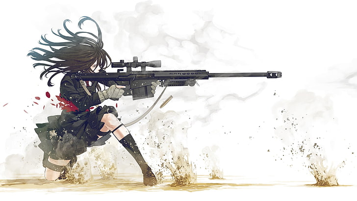 anime, gun, weapon, anime girls, white background, sniper rifle