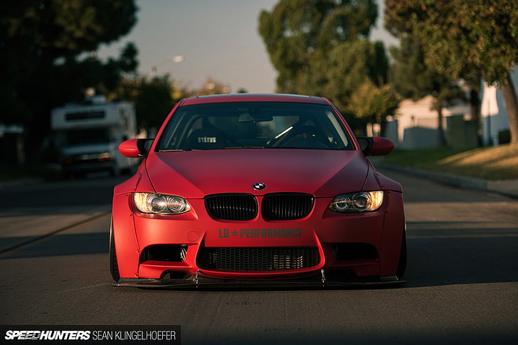 red BMW car with text overlay, BMW E92, BMW E92 M3, LB Performance, HD wallpaper