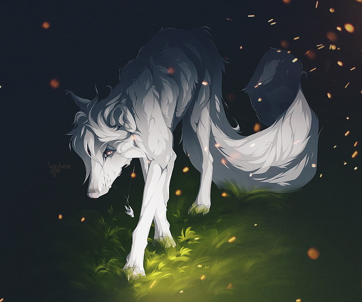 HD wallpaper: white wolf, long tail, creature, forest, grass, sad face,  necklace | Wallpaper Flare
