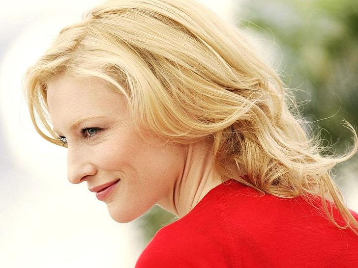 women, Cate Blanchett, blonde, blue eyes, face, actress, looking away, HD wallpaper