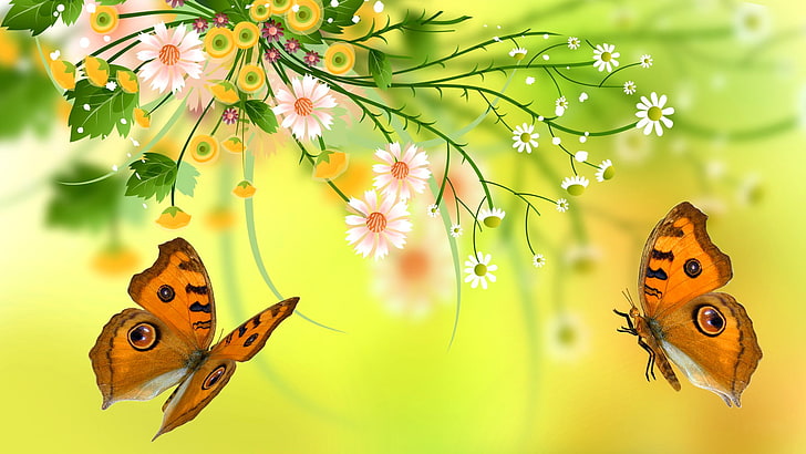 two orange-and-black butterflies wallpaper, leaves, flowers, nature