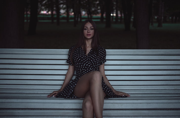 women, bench, sitting, trees, portrait, legs crossed, polka dots
