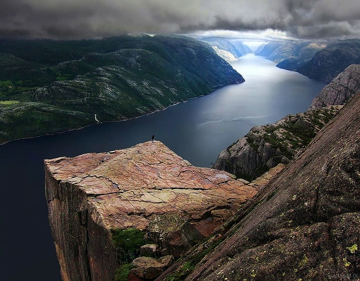 river, clouds, mountains, rocks, landscape, Norway, pulpit rock, HD wallpaper