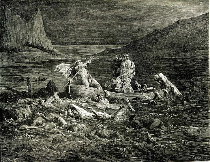 man on canoe painting, The Divine Comedy, Dante's Inferno, Dante Alighieri