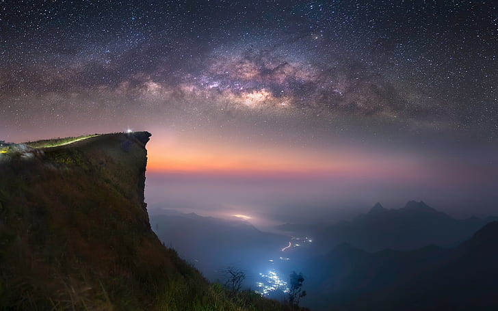 Landscape, Nature, Mist, Space, Valley, Milky Way, Long Exposure, Abyss, Mountain, Starry Night