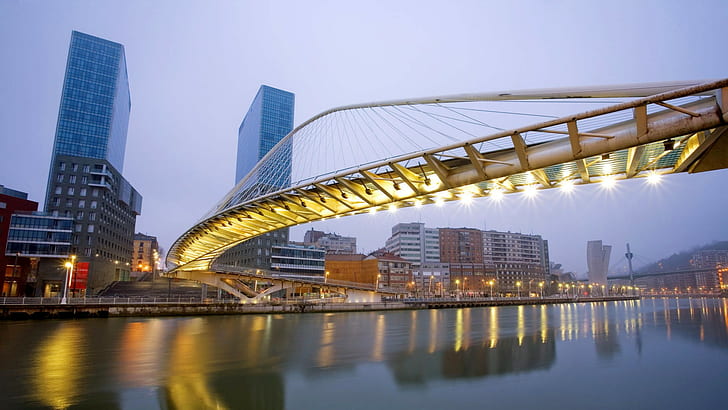 cityscape, bridge, river, reflection, building, Bilbao, HD wallpaper