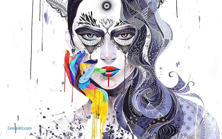 women's white and black mask, Minjae Lee, artwork, painting, mosaic
