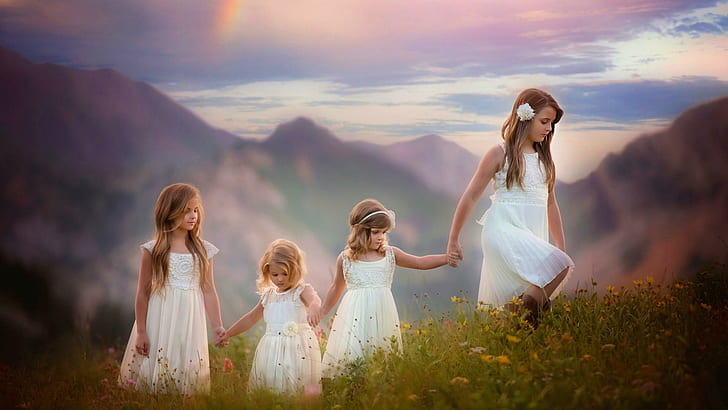 Cute Sisters, baby, girls, white dress, HD wallpaper