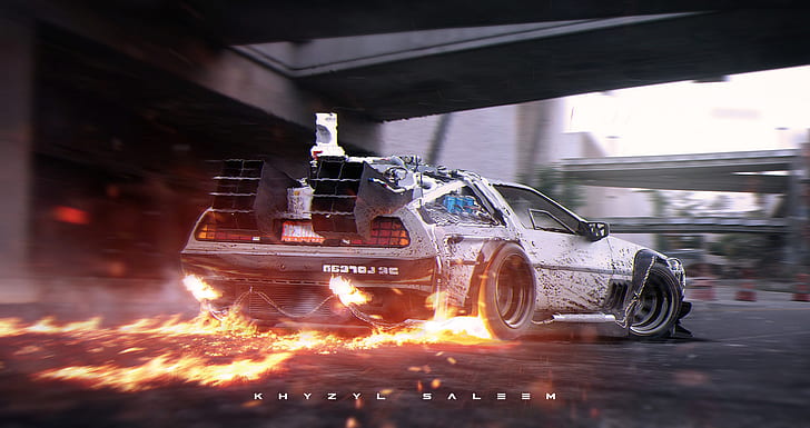 flame, silver, fire, road, DeLorean, DMC-12, rear, photoshop, HD wallpaper