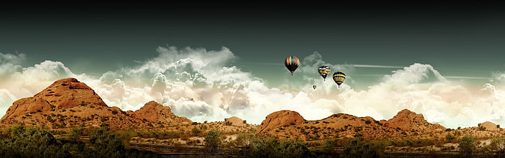 landscape, hot air balloons, sky, clouds, digital art, rock