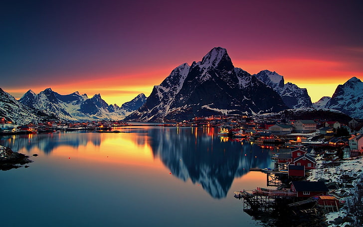 body of water, nature, sea, sunset, reflection, mountains, snow