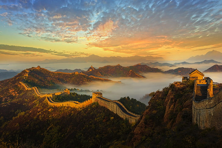 landscape, Great Wall of China, fort, hills, mountains, old building