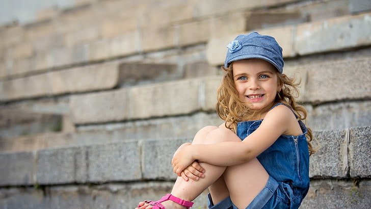 girl's blue denim romper shorts, style, model, photo shoot, child, HD wallpaper