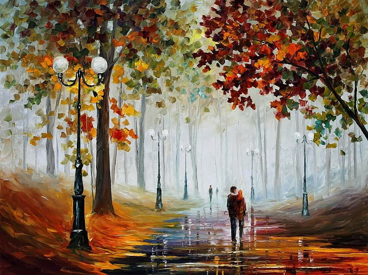 street light, fall, painting, Leonid Afremov, couple, path