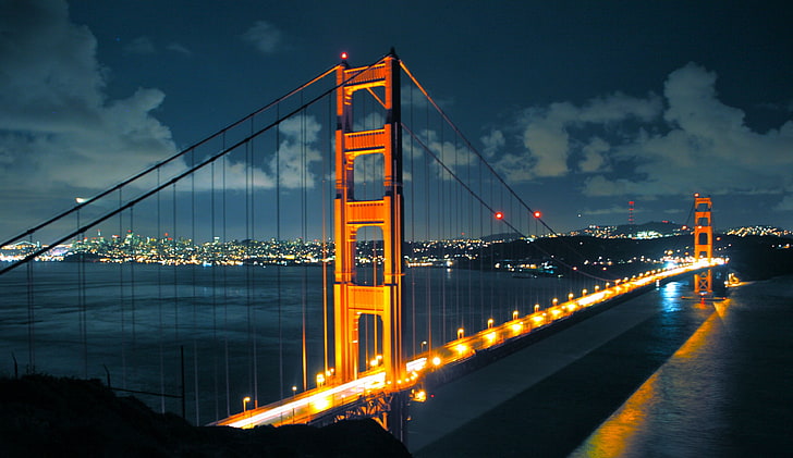Golden Gate Bridge, city, San Francisco, clouds, sea, built structure