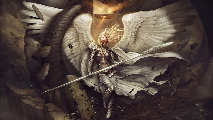 angel holding spear wallpaper, woman wearing gray and white top and bottoms with wings fictional character illustration